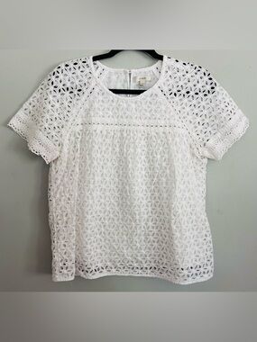 J Crew White Eyelet Lace Top Size 12 Lined Cotton Feminine Classic Boxy Relaxed
